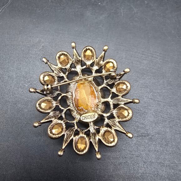 Chico's Bronze Tone Rhinestone Brooch Yellow Golden - Picture 4 of 7